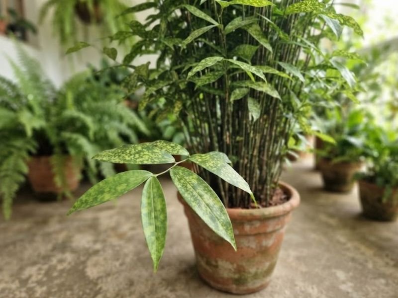 Ramo de dracena bambu com folhas verdes de manchas difusas em primeiro plano e planta adulta em vaso ao fundo.