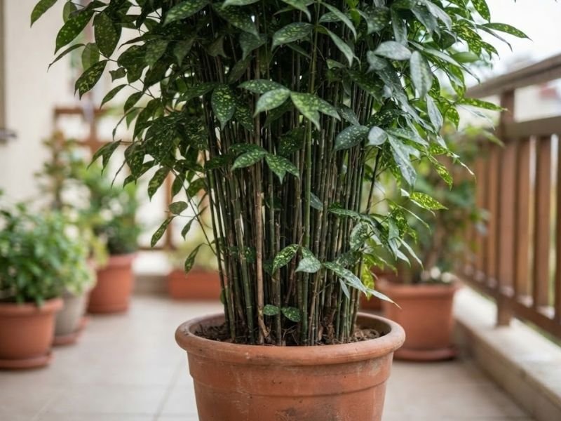 Base da dracena bambu em vaso grande, mostrando numerosas hastes finas e eretas semelhantes a caules de bambu.