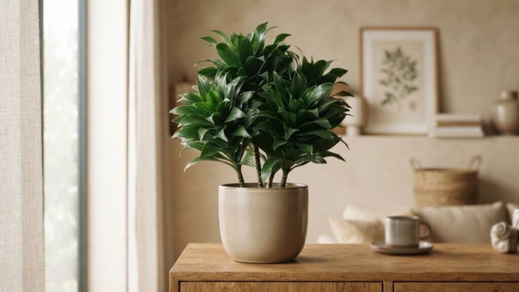 Dracena compacta em vaso de cerâmica clara sobre aparador de madeira, com folhas verde-escuras agrupadas e sala iluminada ao fundo.