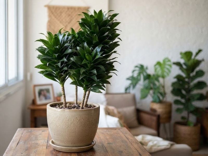 Dracena compacta adulta com três caules curtos e rosetas densas de folhas verdes em vaso de cerâmica bege.