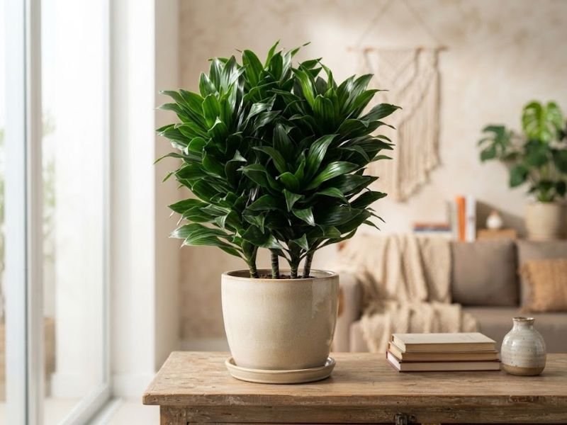 Dracena compacta saudável em vaso claro sobre aparador próximo de janela, recebendo luz natural indireta.