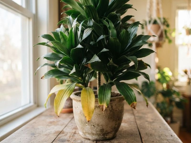 Dracena compacta em vaso com folhas inferiores amareladas e algumas pontas marrons, enquanto a maior parte da folhagem permanece verde.