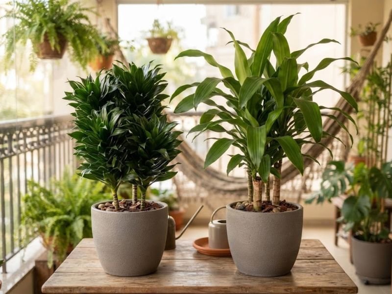 Comparação entre dracena compacta de folhas curtas e densas e Janet Craig tradicional com folhas verdes mais longas e arqueadas.