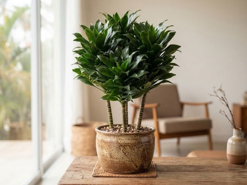 Dracena compacta adulta em vaso artesanal sobre mesa de madeira, com caules curtos e folhas verdes densamente agrupadas.