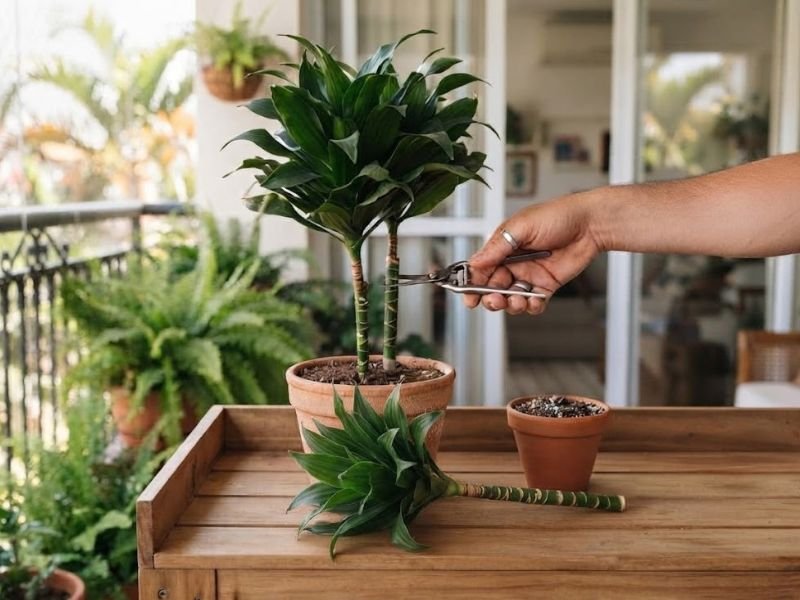 Poda da dracena compacta com tesoura junto ao caule e estaca com folhas e segmento de caule sobre bancada de madeira.