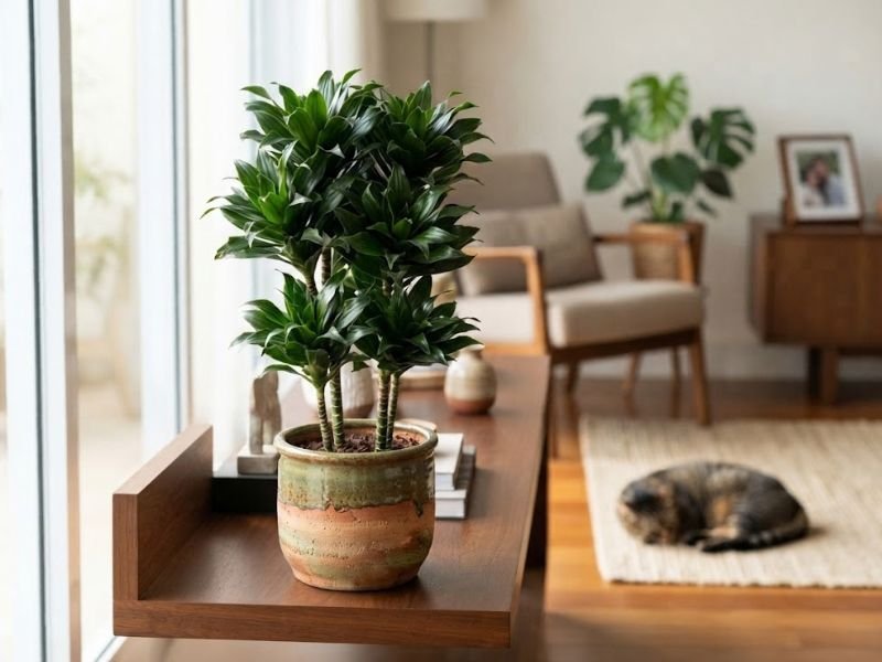 Dracena compacta em vaso sobre móvel próximo à janela, com gato doméstico descansando no piso da sala.