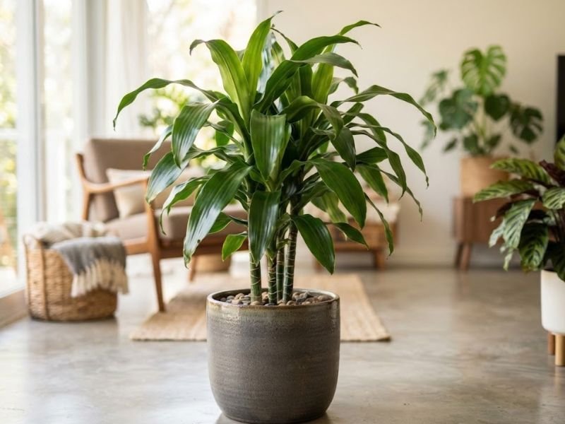 Dracena Janet Craig tradicional em vaso de chão, com folhas verdes longas e arqueadas distribuídas ao redor dos caules.