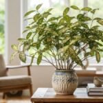 Dracena surculosa em vaso decorativo sobre mesa de madeira, com folhas verdes pintadas e sala iluminada ao fundo.