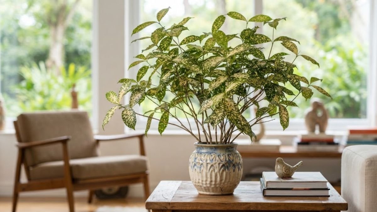 Dracena surculosa em vaso decorativo sobre mesa de madeira, com folhas verdes pintadas e sala iluminada ao fundo.