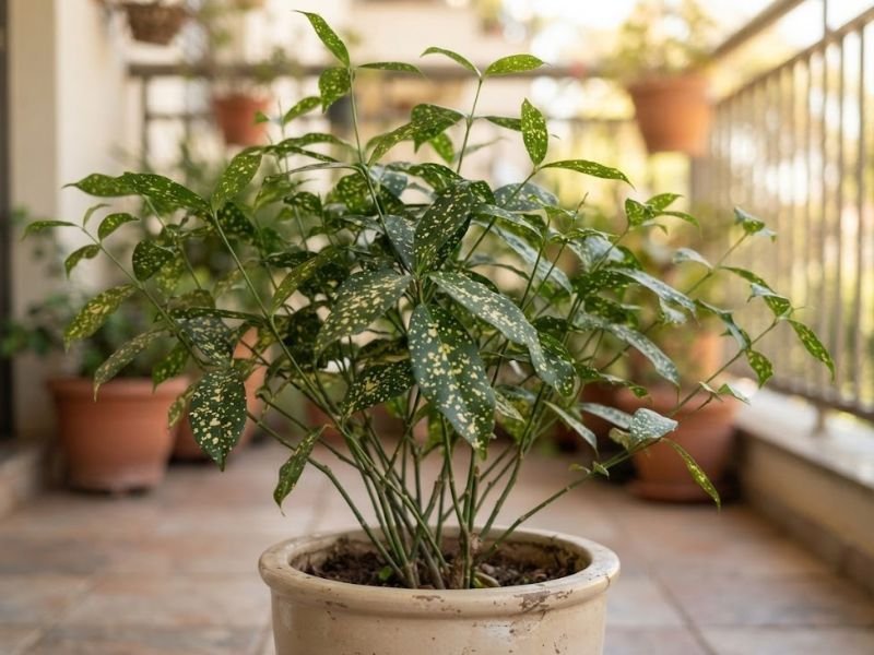 Dracena surculosa em vaso claro, com caules finos ramificados e folhas verdes salpicadas de manchas amareladas.