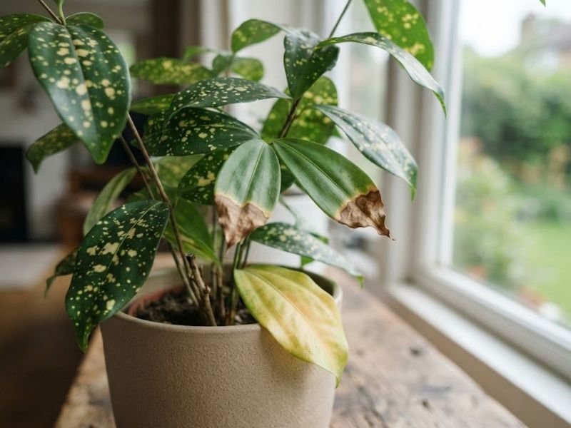 Dracena surculosa em vaso com uma folha amarelada e outras apresentando pontas marrons e ressecadas.