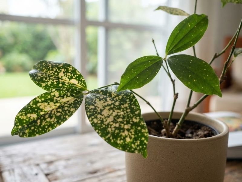 Folhas da dracena surculosa com diferenças na intensidade das manchas claras, incluindo folhas predominantemente verdes.