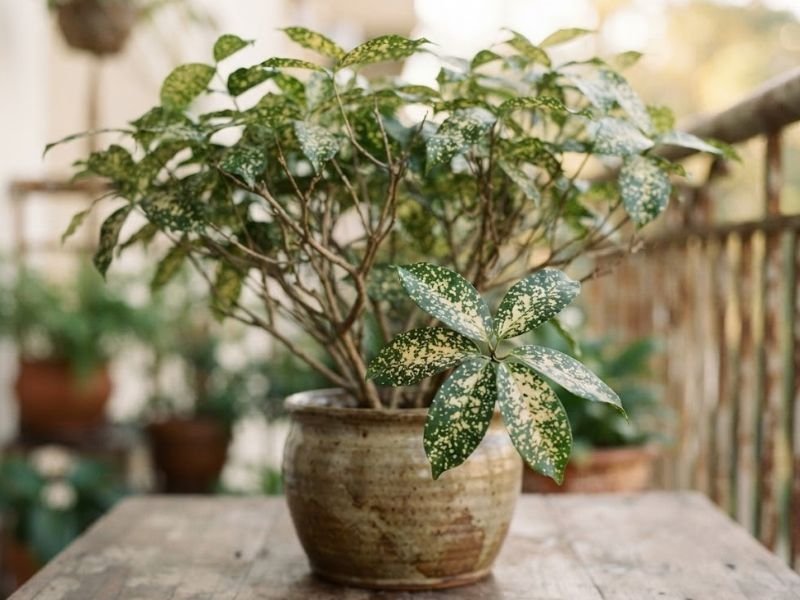 Dracena surculosa adulta em vaso de cerâmica, com folhas verdes pintadas e ramos finos em varanda iluminada.