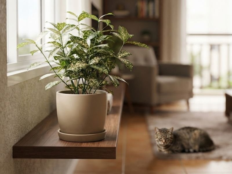 Dracena surculosa em vaso sobre móvel elevado, com gato doméstico descansando no piso da sala.