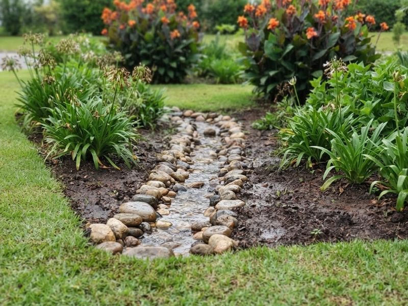Canal raso com pedras e água entre plantas ornamentais, com flores alaranjadas ao fundo.