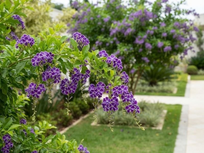 Duranta de folhas verdes e flores violetas em cachos pendentes