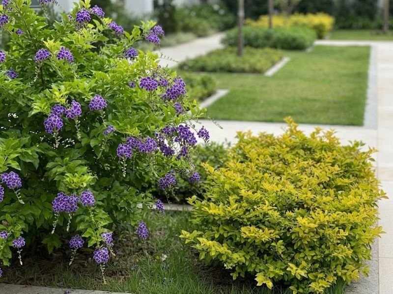 Duranta florida ao lado de pingo de ouro com folhagem dourada