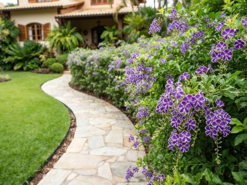 Duranta erecta com pequenas flores roxas de bordas brancas formando cerca viva ornamental.