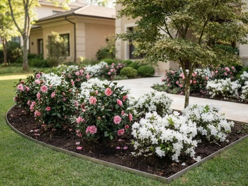 Camélias rosa e azaleias brancas cultivadas em canteiros de jardim residencial com caminho de pedras.
