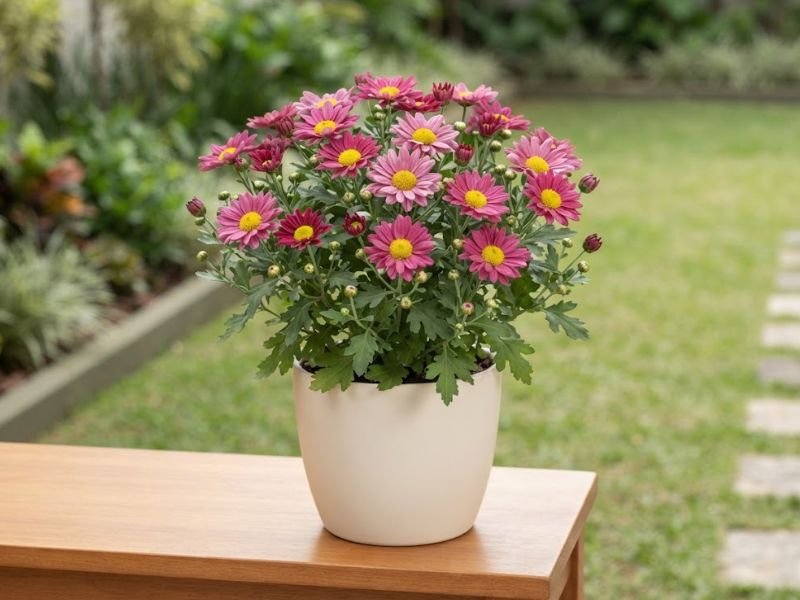 Crisântemo de flores rosa-escuro com centros amarelos em vaso claro sobre uma mesa.