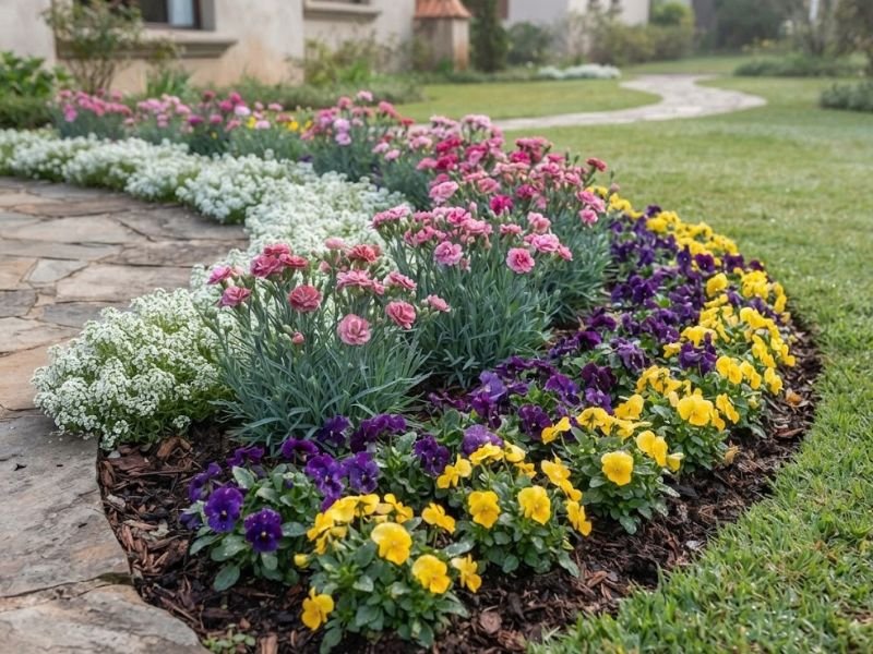 Canteiro ornamental com cravinas rosadas, amor-perfeito roxo e amarelo e flor-de-mel branca junto ao gramado.