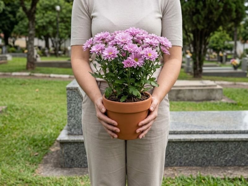 Pessoa segurando um vaso de crisântemos lilases diante de uma sepultura no cemitério.