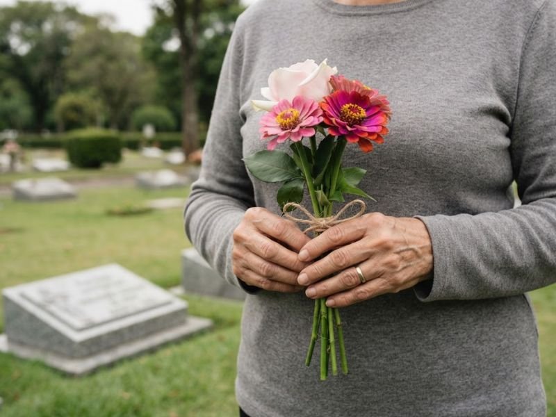 Pessoa segurando um pequeno ramalhete com uma rosa clara e zínias coloridas durante uma visita ao cemitério.