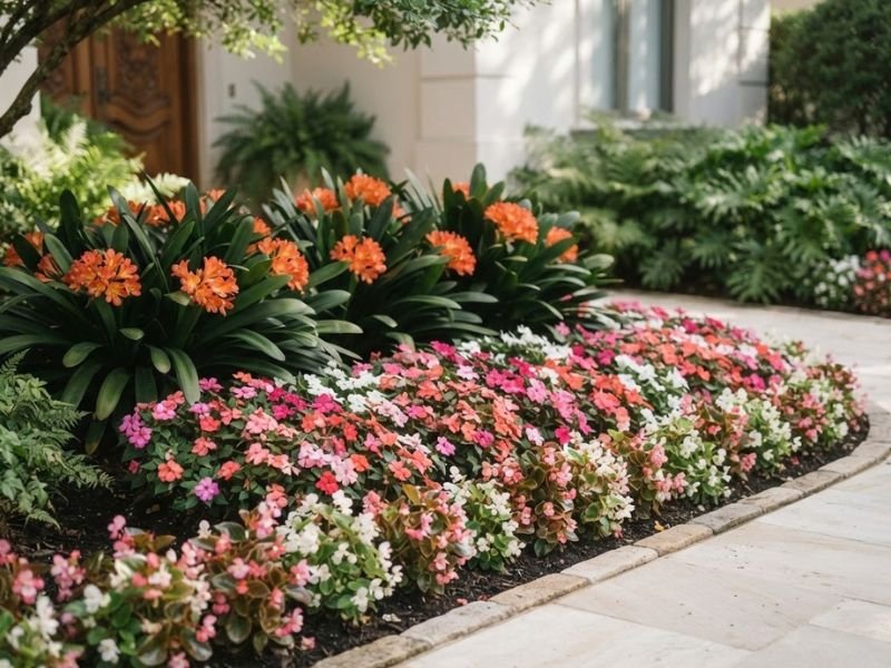 Canteiro maduro com flores de meia sombra em jardim bem cuidado