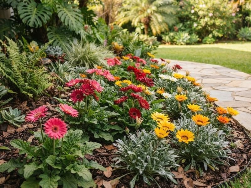Gérberas e gazânias em canteiro de flores perenes