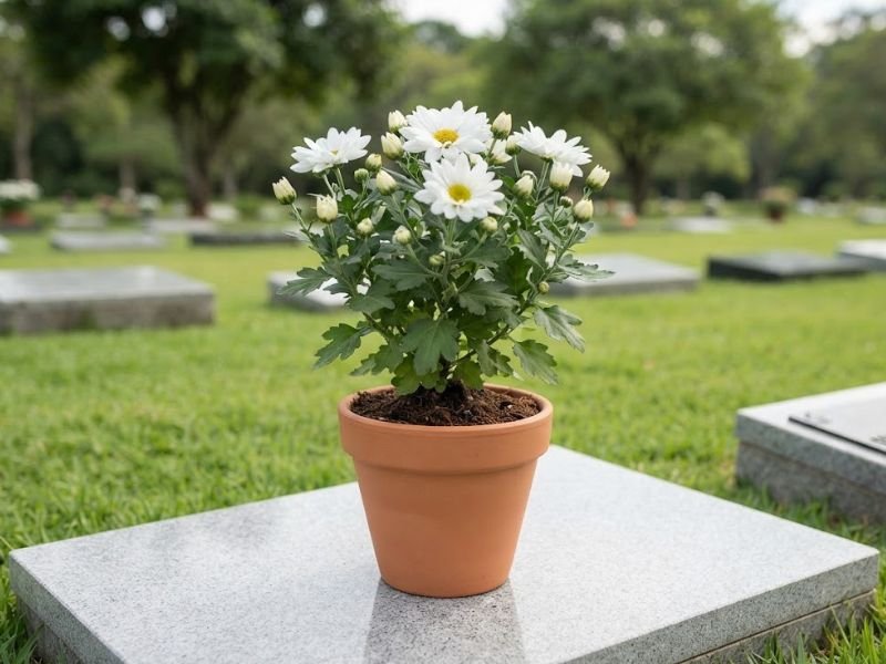 Crisântemo branco com flores abertas e botões em vaso de terracota sobre uma sepultura.