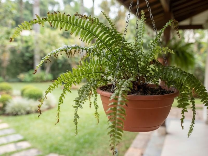 Samambaia americana em vaso suspenso com frondes caídas e pontas ressecadas.