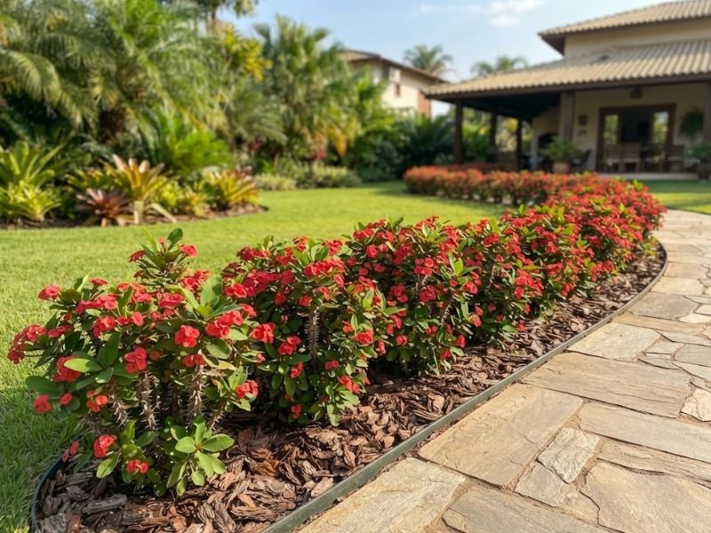 Bordadura de coroa de cristo vermelha acompanhando caminho de pedra no jardim