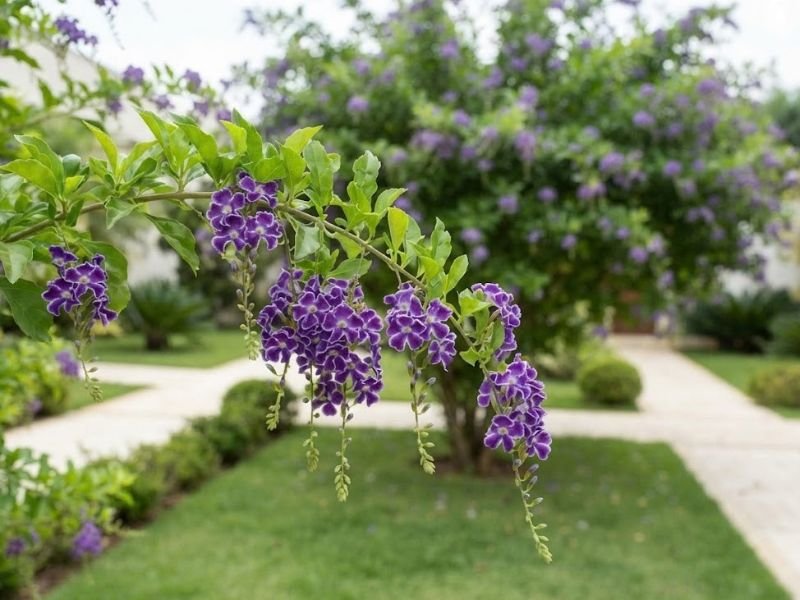 Flores violetas, folhas e ramos de Duranta em detalhe
