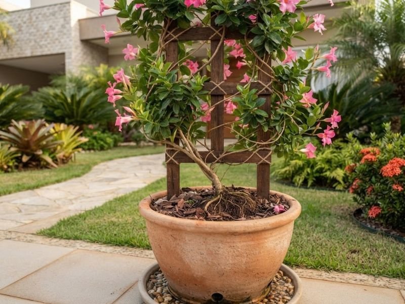 Trepadeira cultivada em vaso mostrando recipiente suporte e ramos
