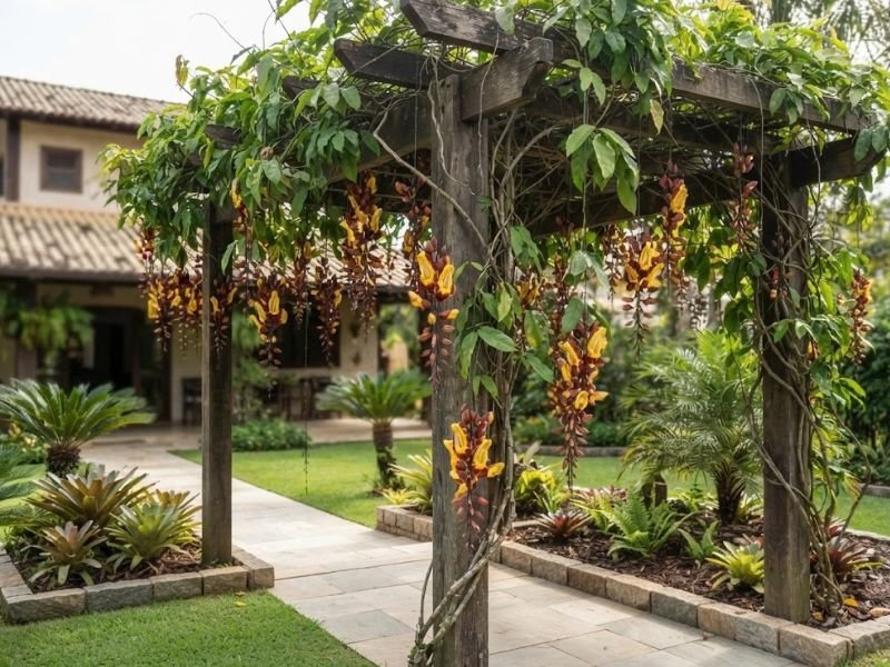 Sapatinho de judia com cachos pendentes cobrindo estrutura de jardim