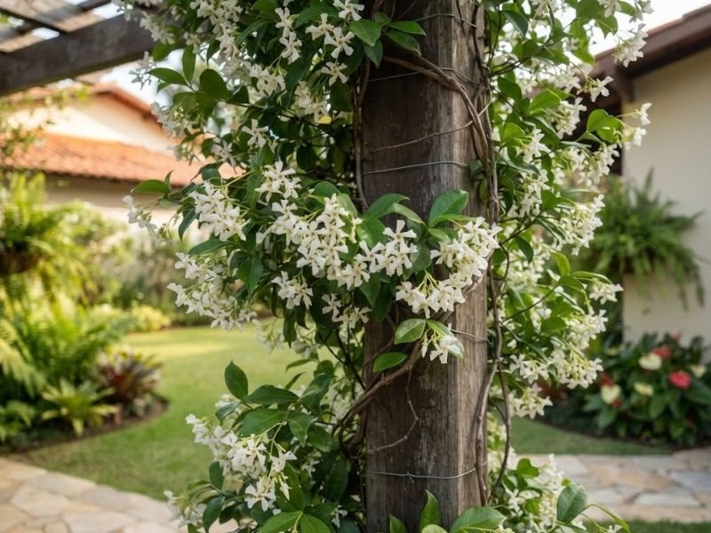 Trepadeira de flores brancas crescendo junto a suporte de madeira