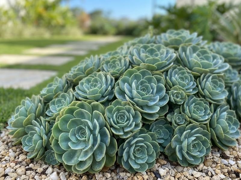 Echeveria elegans com rosetas azuladas em canteiro ensolarado