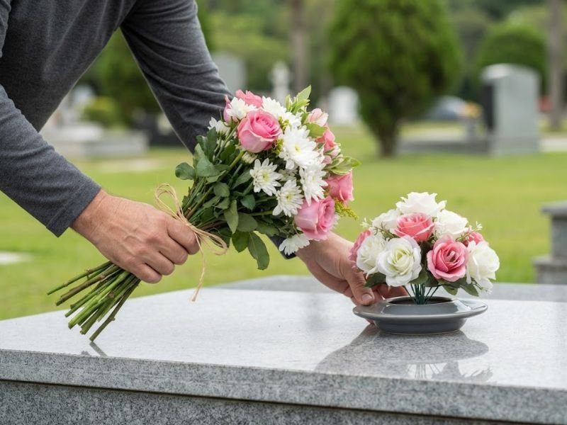 Pessoa segurando um buquê natural de rosas e crisântemos e outro de rosas artificiais no cemitério.