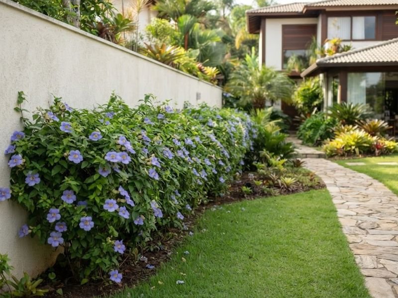 Cerca viva de tumbérgia arbustiva com flores azul-violeta acompanhando muro e caminho de jardim residencial.