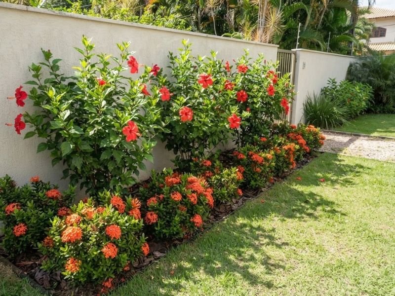 Hibiscos vermelhos ao fundo e ixoras alaranjadas na frente de um canteiro junto ao muro