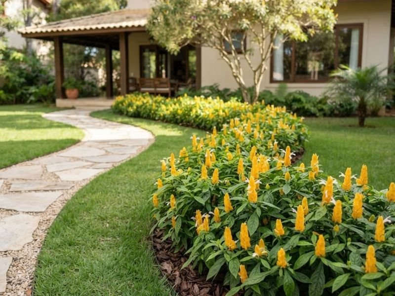 Canteiro curvo de camarão amarelo com plantas compactas e caminho de pedras em jardim residencial bem cuidado.