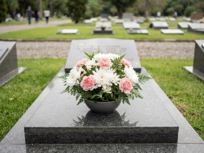 Arranjo compacto de crisântemos brancos e cravos rosa-claro sobre uma sepultura de granito.