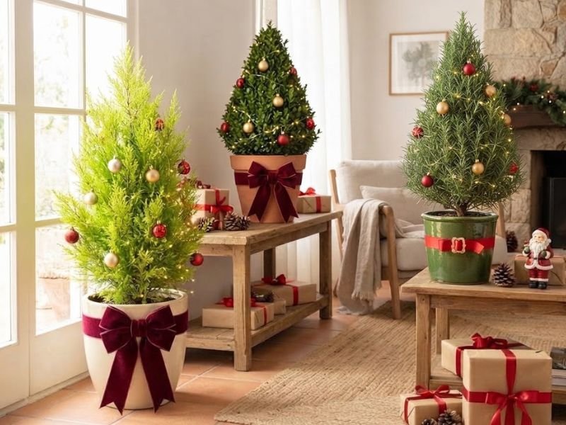 Árvore de Natal com plantas naturais: tuia-limão, buxo e alecrim em vasos decorados com bolas, luzes e laços perto de uma janela.