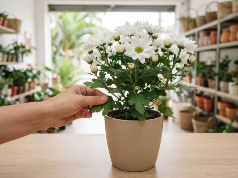 Mão afasta uma folha de um crisântemo branco em vaso para observar a planta.