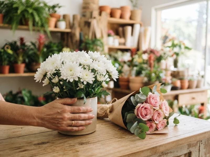 Mão segurando vaso de crisântemos brancos ao lado de um buquê de rosas na floricultura.