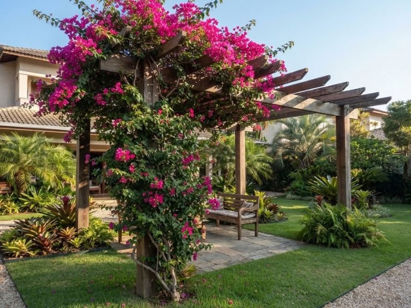 Primavera com flores magenta subindo por um pergolado de madeira junto ao gramado.
