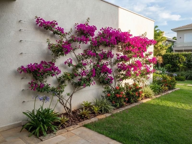 Primavera com flores magenta conduzida por cabos junto a um muro claro e canteiro de folhagens.