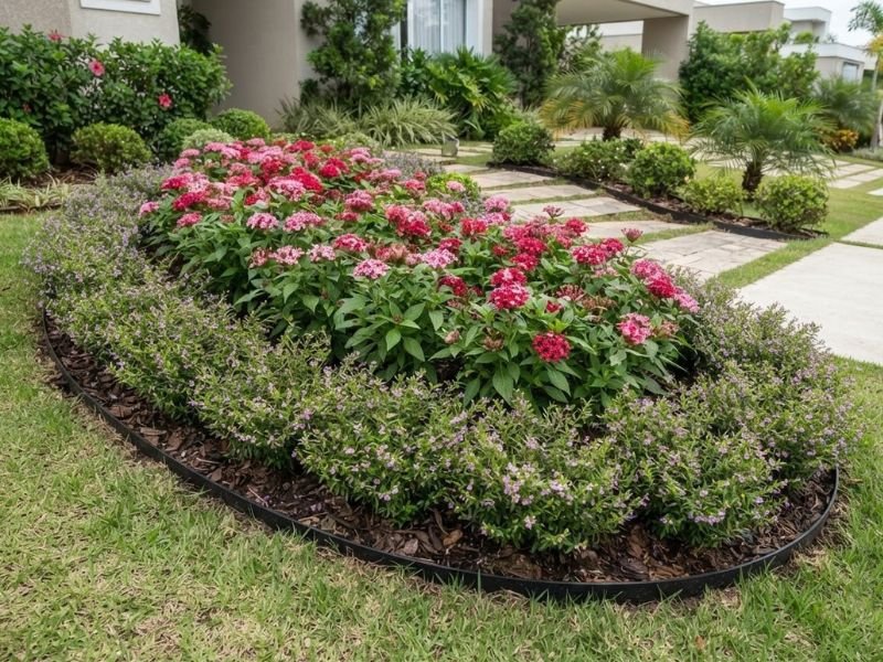 Flores com espaçamento adequado em canteiro residencial alongado