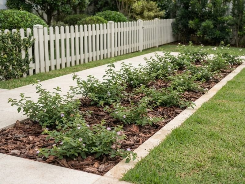 Lantana rasteira com espaço entre plantas jovens para expansão lateral no canteiro