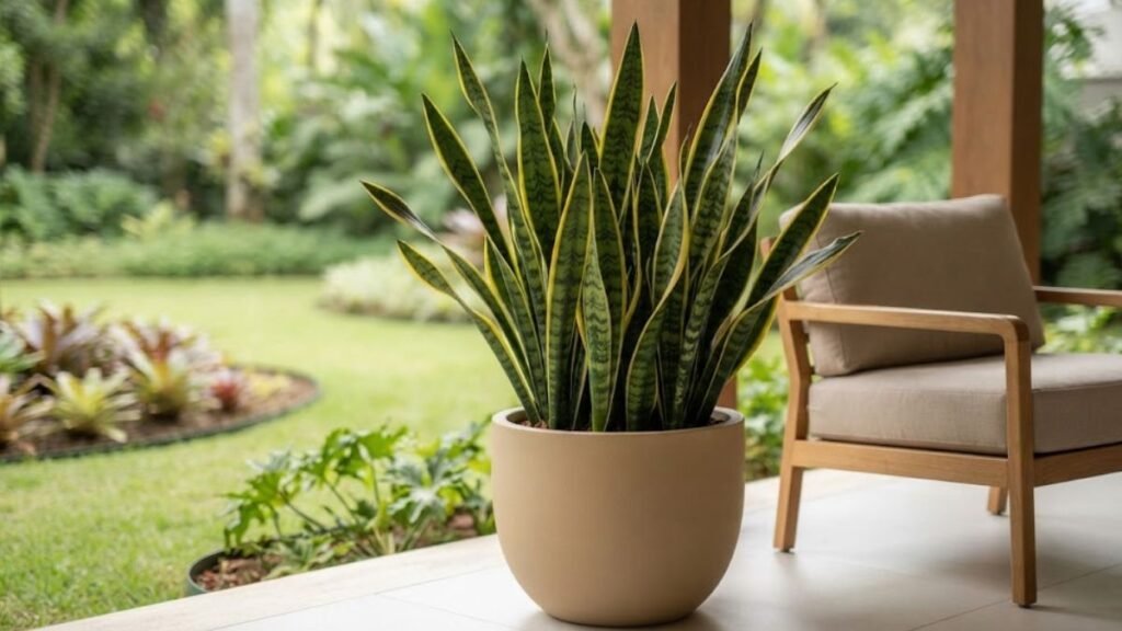 Espada de Santa Bárbara com folhas verdes de bordas amarelas, cultivada em vaso bege na varanda de uma residência com jardim ao fundo.